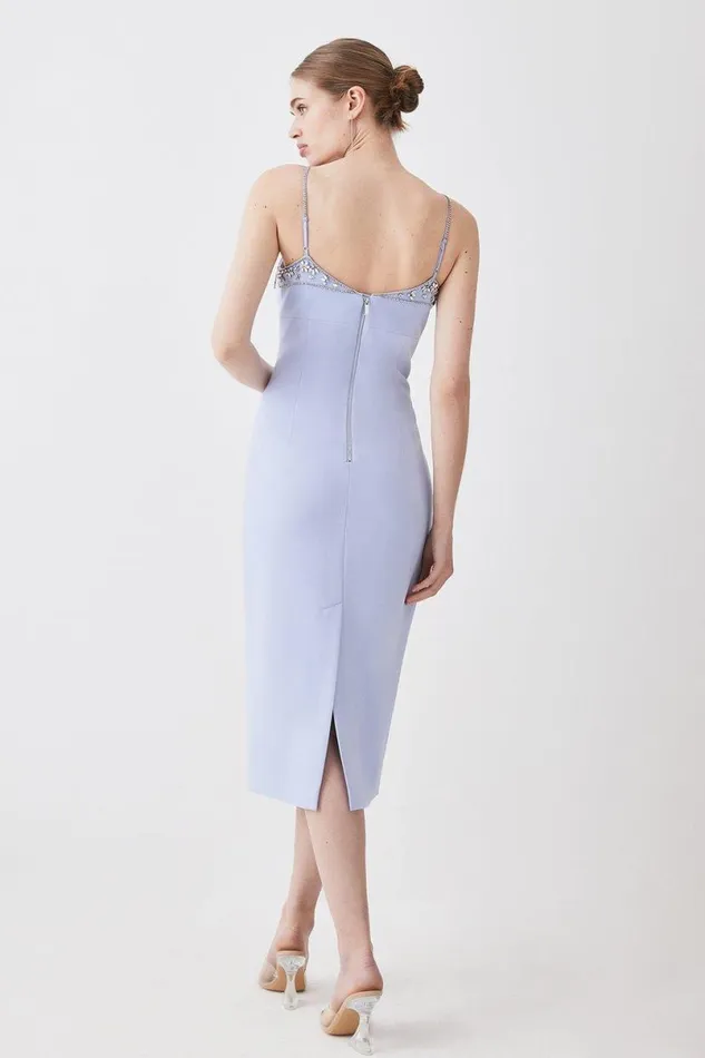 Tall Crystal Embellished Strappy Woven Midi Dress Blue Women Karen Millen Dresses