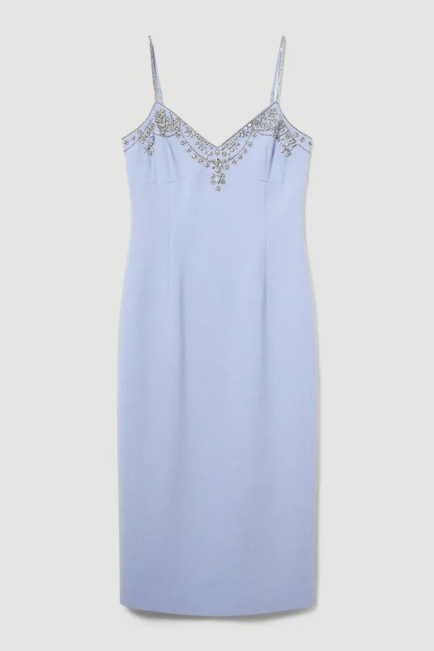Tall Crystal Embellished Strappy Woven Midi Dress Blue Women Karen Millen Dresses