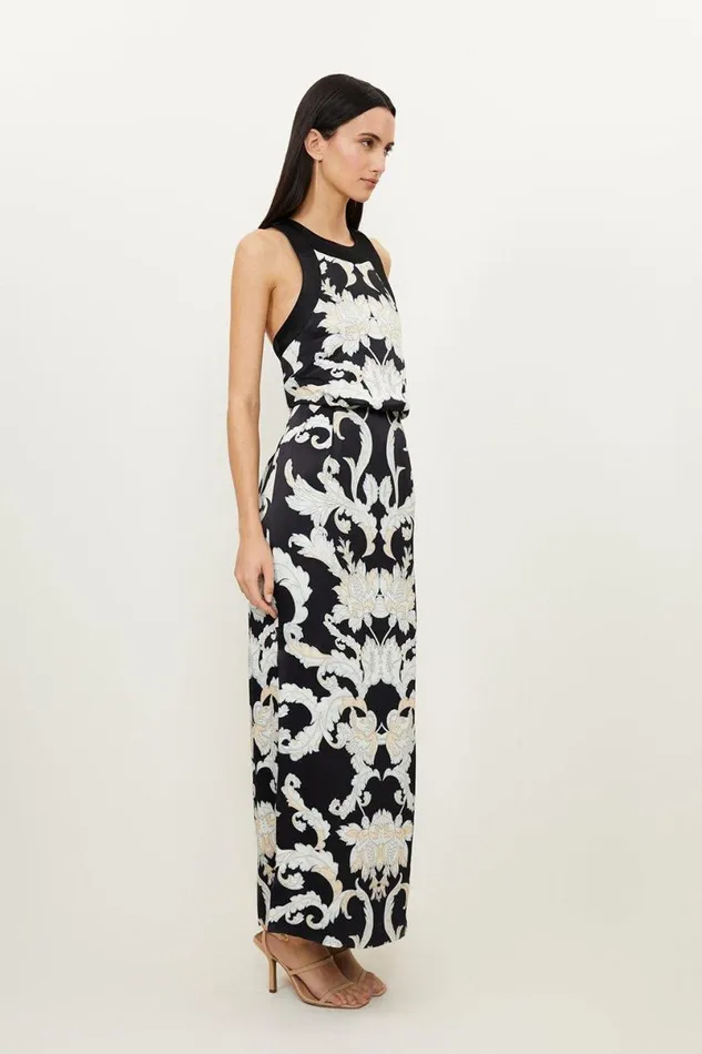 Tall Mirrored Baroque Viscose Halter Midi Dress Black Women Karen Millen Dresses