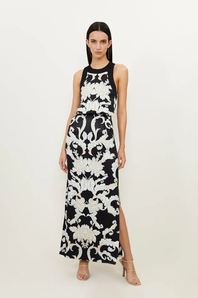 Tall Mirrored Baroque Viscose Halter Midi Dress Black Women Karen Millen Dresses