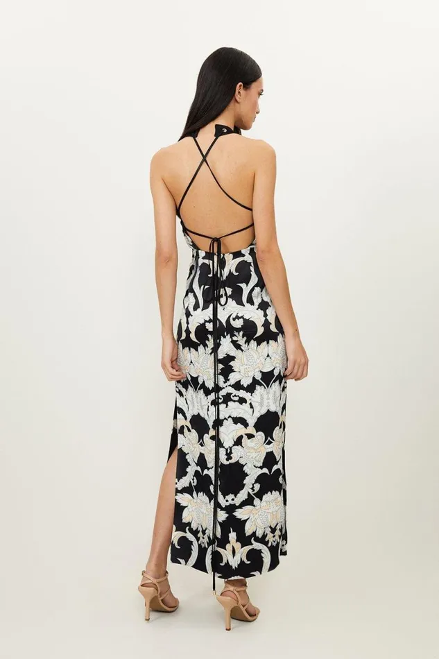 Tall Mirrored Baroque Viscose Halter Midi Dress Black Women Karen Millen Dresses