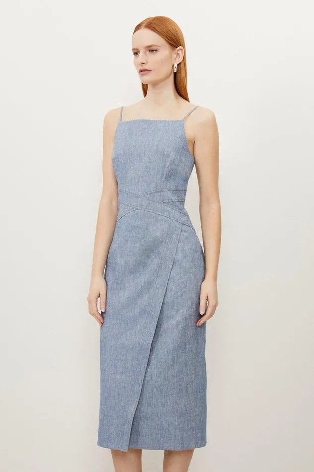 Tall Tailored Denim Look Linen Strappy Pencil Midi Dress Blue Women Karen Millen Dresses Tall Tailored Denim Look Linen Strappy Pencil Midi Dress Blue Women Karen Millen Dresses