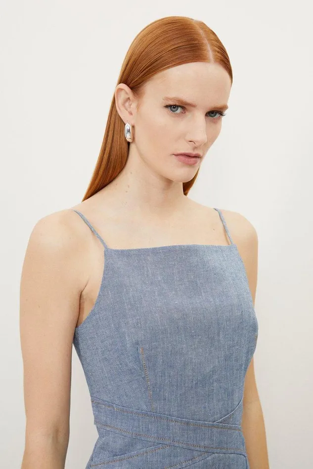Tall Tailored Denim Look Linen Strappy Pencil Midi Dress Blue Women Karen Millen Dresses
