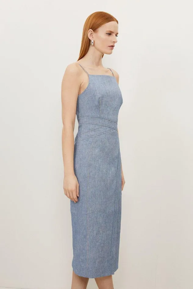Tall Tailored Denim Look Linen Strappy Pencil Midi Dress Blue Women Karen Millen Dresses