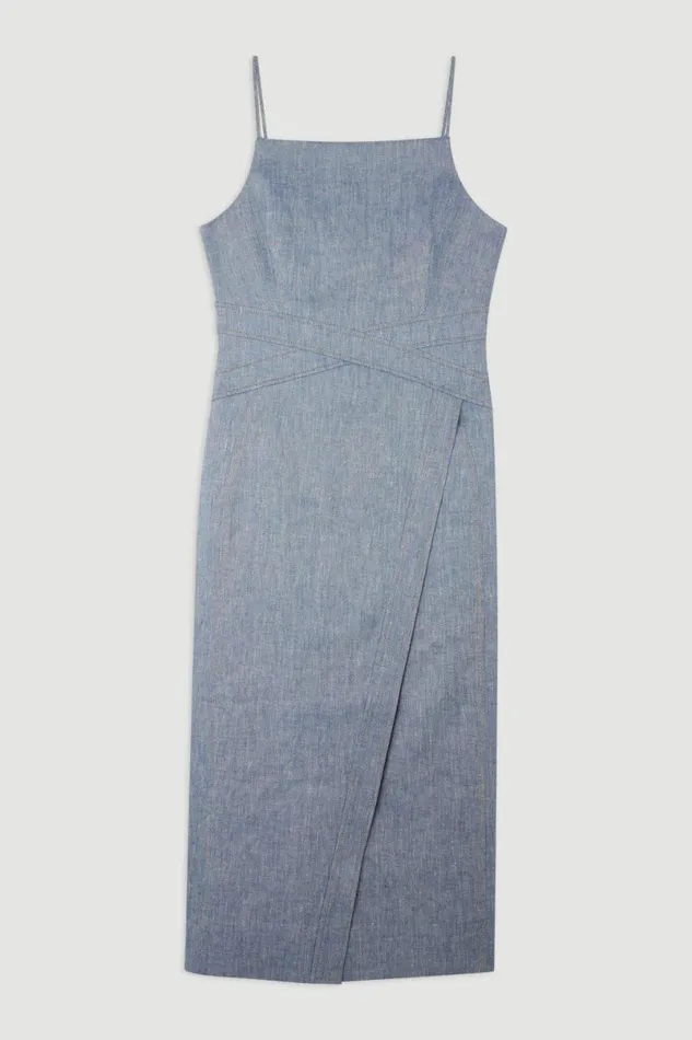 Tall Tailored Denim Look Linen Strappy Pencil Midi Dress Blue Women Karen Millen Dresses