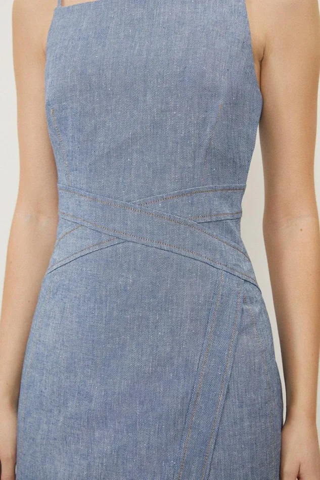 Tall Tailored Denim Look Linen Strappy Pencil Midi Dress Blue Women Karen Millen Dresses