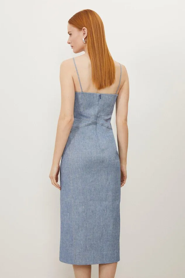 Tall Tailored Denim Look Linen Strappy Pencil Midi Dress Blue Women Karen Millen Dresses