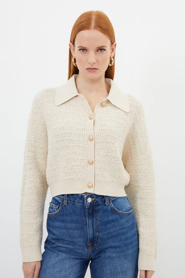 Textured Knit Cotton Blend Collar Jacket Coconut Women Karen Millen Coats and Jackets