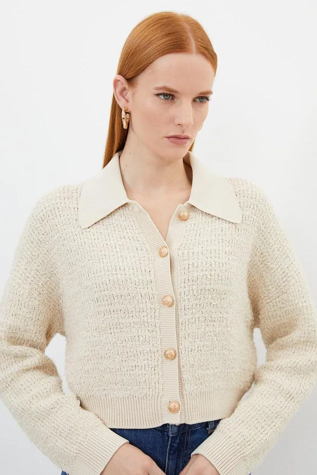 Textured Knit Cotton Blend Collar Jacket Coconut Women Karen Millen Coats and Jackets