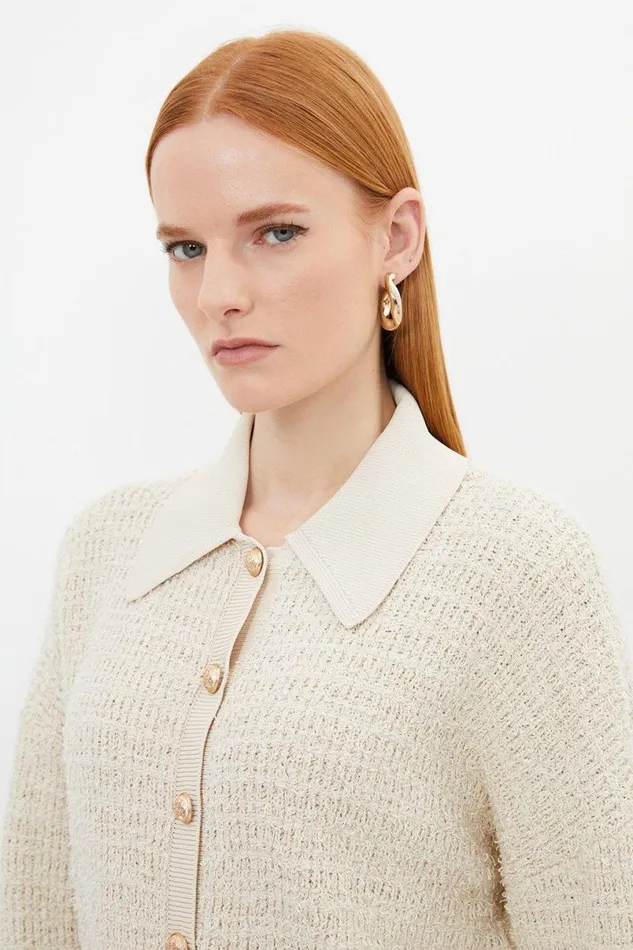 Textured Knit Cotton Blend Collar Jacket Coconut Women Karen Millen Coats and Jackets