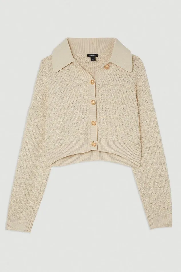 Textured Knit Cotton Blend Collar Jacket Coconut Women Karen Millen Coats and Jackets