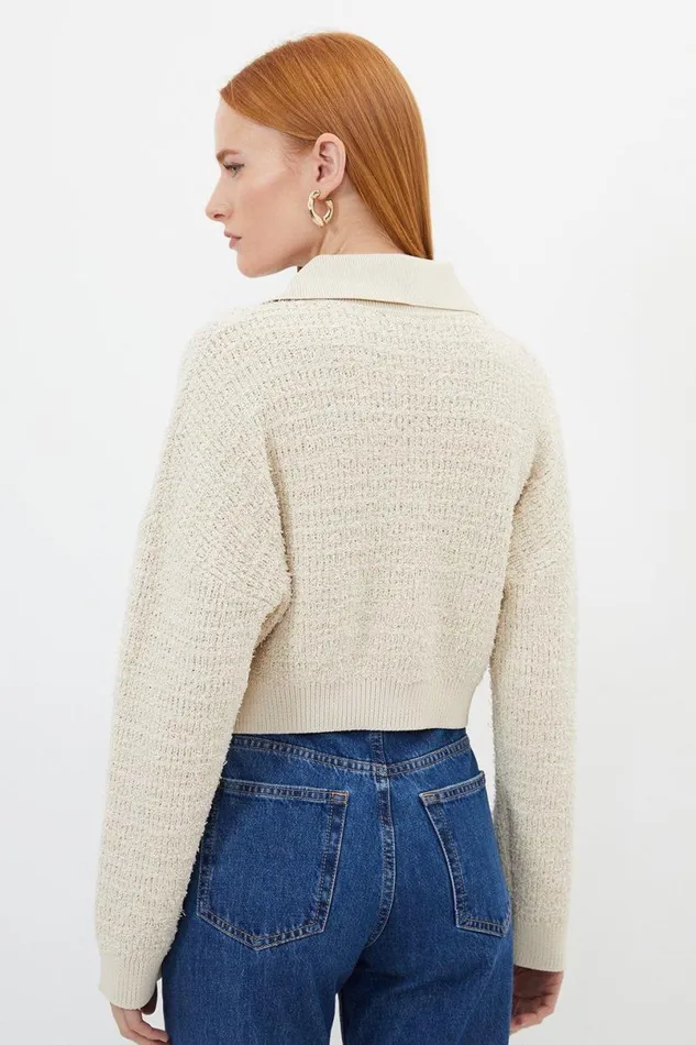 Textured Knit Cotton Blend Collar Jacket Coconut Women Karen Millen Coats and Jackets