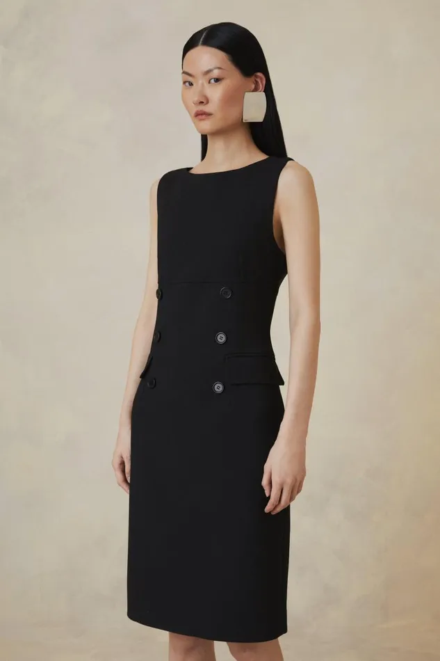 The Founder Compact Stretch Button Detail Woven Midi Dress Black Women Karen Millen Dresses The Founder Compact Stretch Button Detail Woven Midi Dress Black Women Karen Millen Dresses