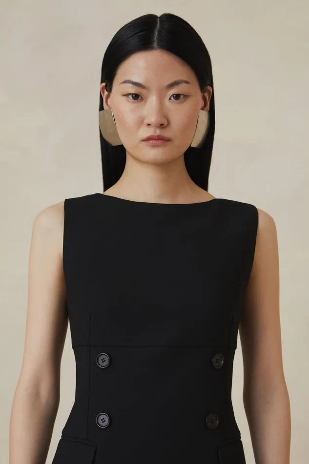 The Founder Compact Stretch Button Detail Woven Midi Dress Black Women Karen Millen Dresses