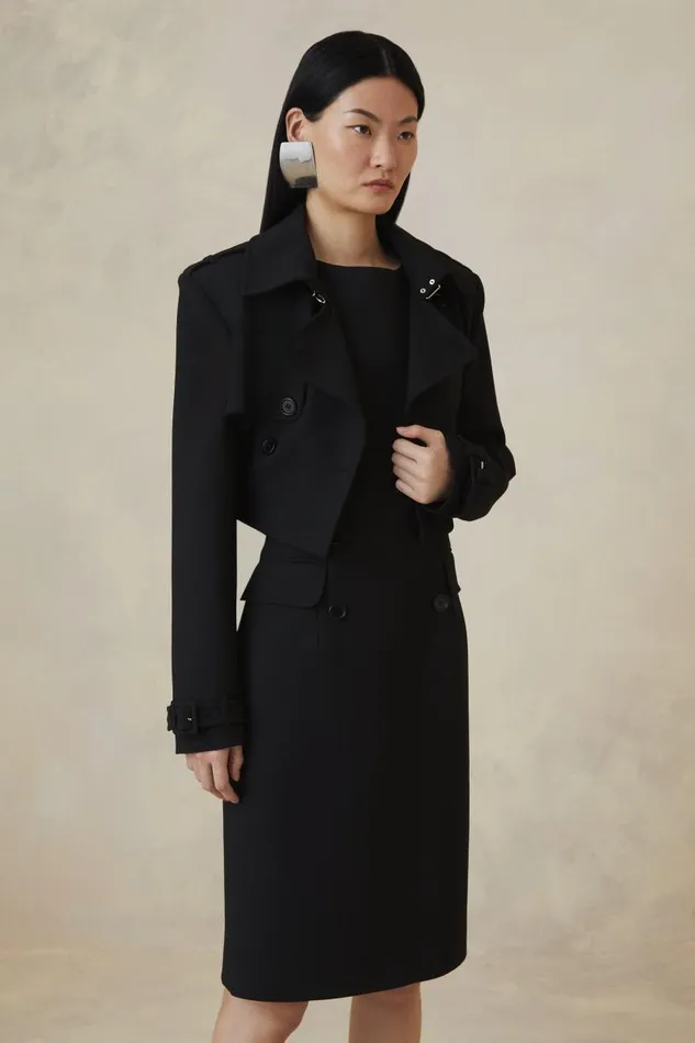 The Founder Compact Stretch Button Detail Woven Midi Dress Black Women Karen Millen Dresses