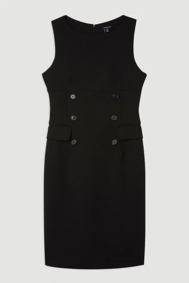 The Founder Compact Stretch Button Detail Woven Midi Dress Black Women Karen Millen Dresses