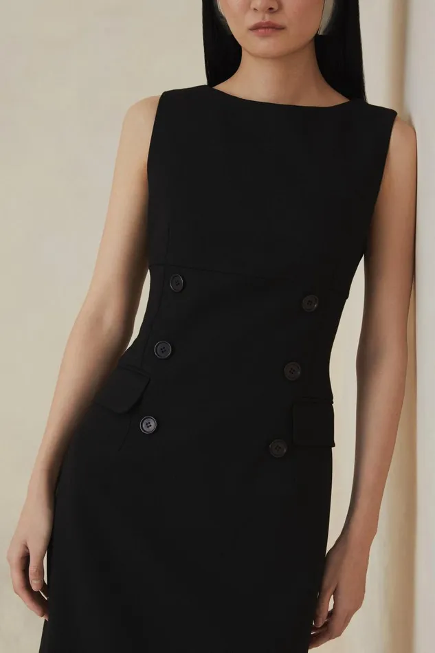 The Founder Compact Stretch Button Detail Woven Midi Dress Black Women Karen Millen Dresses