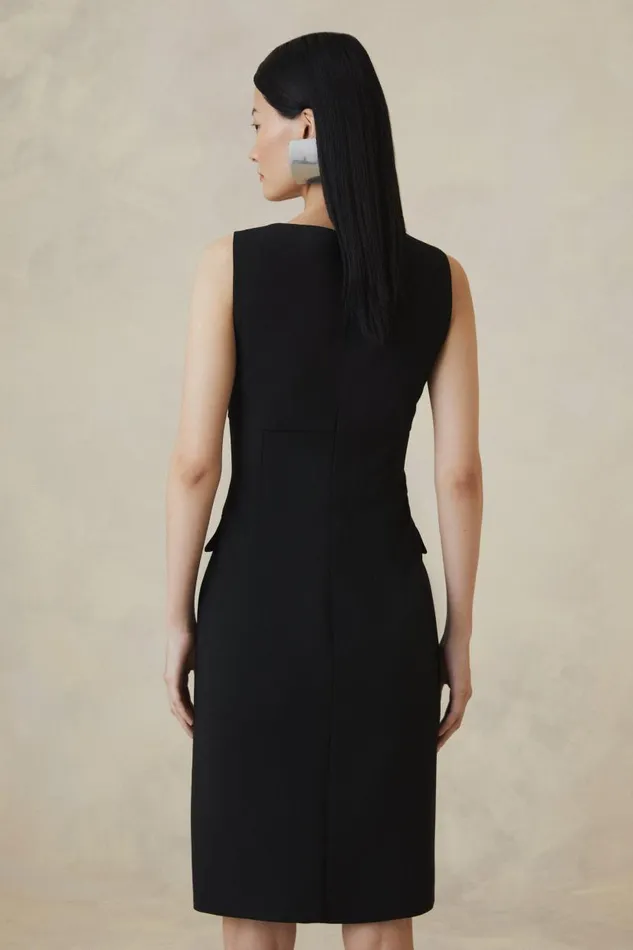 The Founder Compact Stretch Button Detail Woven Midi Dress Black Women Karen Millen Dresses