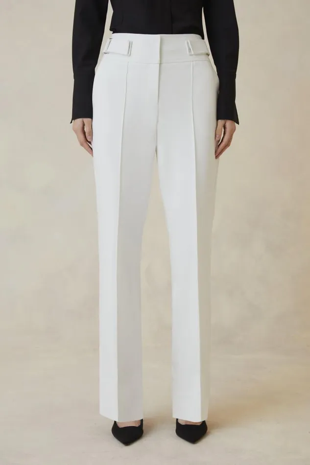 The Founder Compact Stretch Tab Waist Slim Leg Trousers Ivory Women Karen Millen Trousers