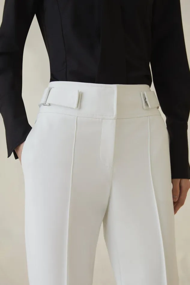 The Founder Compact Stretch Tab Waist Slim Leg Trousers Ivory Women Karen Millen Trousers