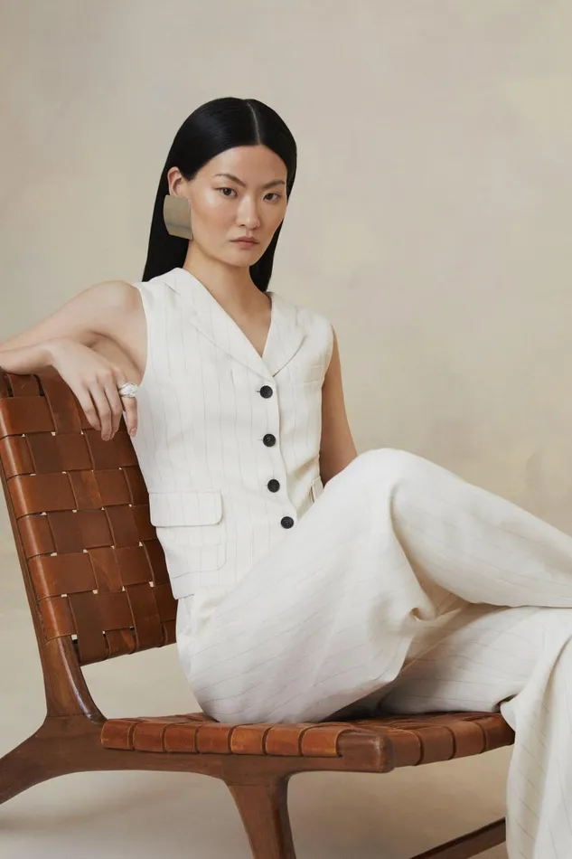 The Founder Striped Pocket Detail Single Breasted Waistcoat Stripe Women Karen Millen Tops