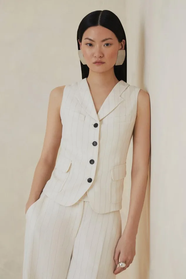 The Founder Striped Pocket Detail Single Breasted Waistcoat Stripe Women Karen Millen Tops