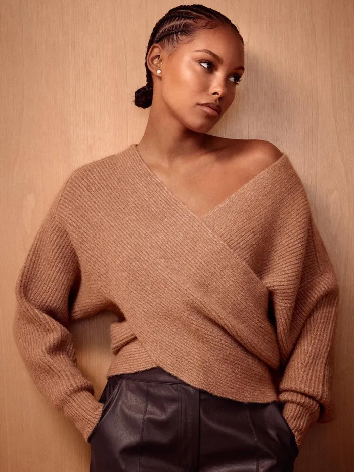The Hughes Wrap Front Sweater Camel Mlange Women Brochu Walker Sweaters