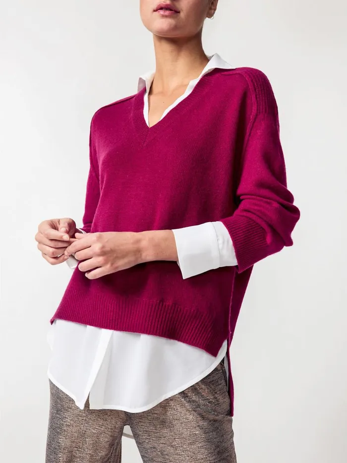 The Looker Layered VNeck Damson Red With White Underlayer Women Brochu Walker Sweaters