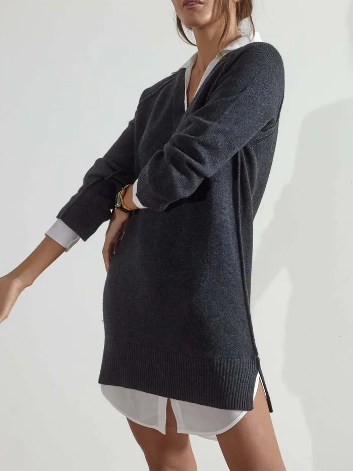 The Looker Layered VNeck Dress Charcoal With White Underlayer Women Brochu Walker Looker Sweaters
