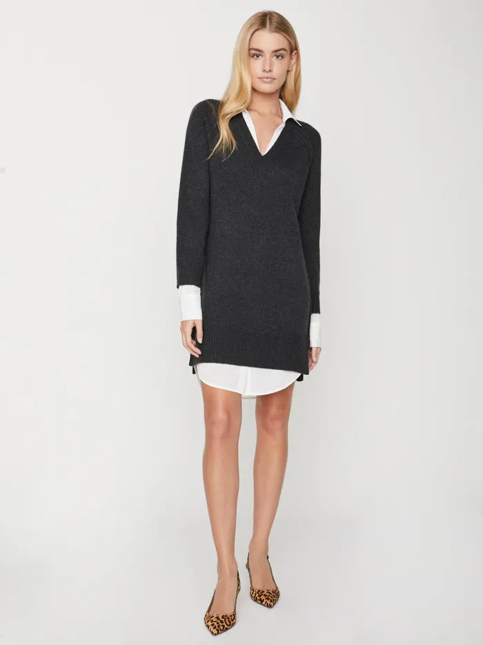 The Looker Layered VNeck Dress Charcoal With White Underlayer Women Brochu Walker Looker Sweaters
