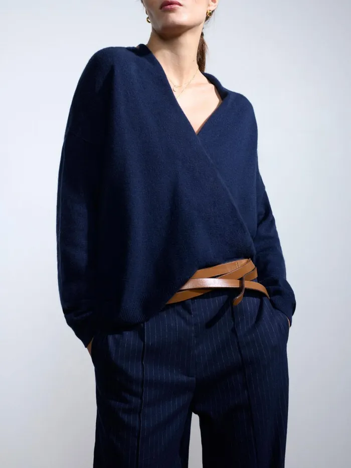 The Siena Wrap Neck Pullover Baltic Navy Women Brochu Walker Sweaters
