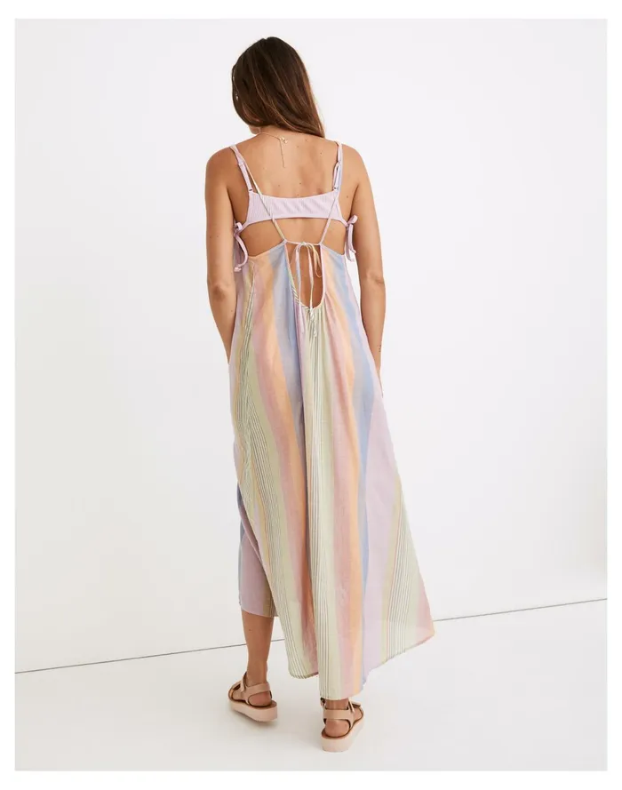 Tie Back Cover Up Maxi Dress In Rainbow Stripe Classic Lilac Women Madewell Swim Tie Back Cover Up Maxi Dress In Rainbow Stripe Classic Lilac Women Madewell Swim