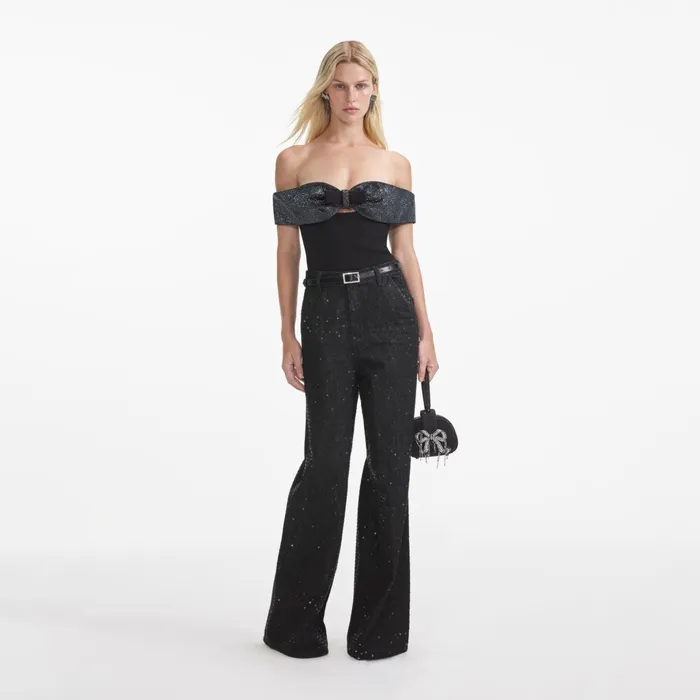 Tops Women Self Portrait Black Crepe Bow Top