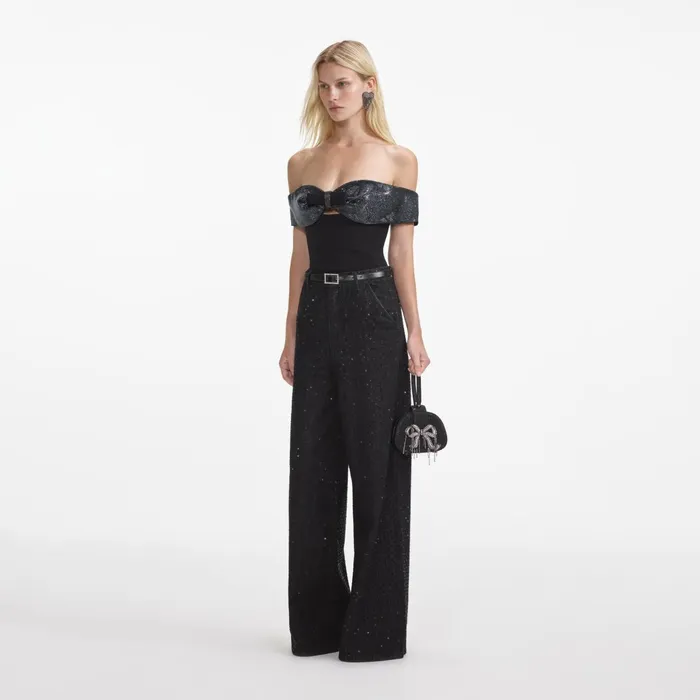 Tops Women Self Portrait Black Crepe Bow Top