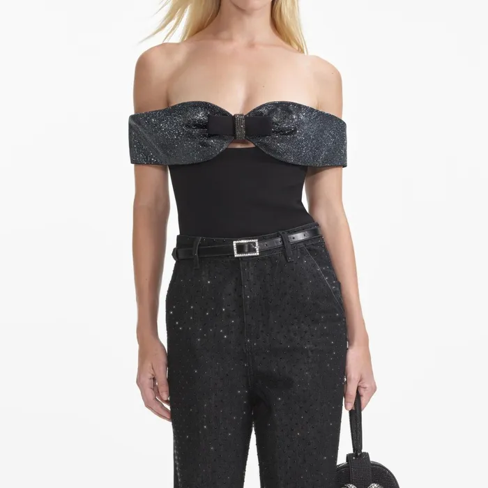 Tops Women Self Portrait Black Crepe Bow Top