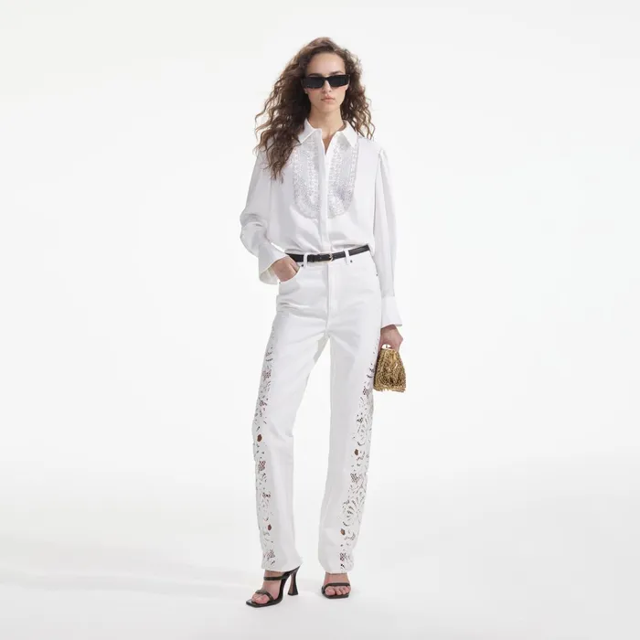 Tops Women Self Portrait White Satin Embellished Bib Blouse