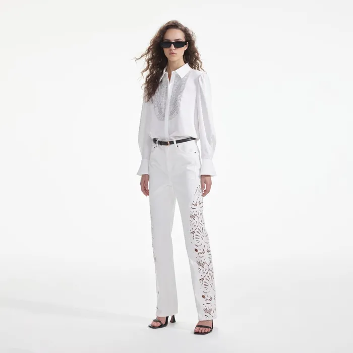 Tops Women Self Portrait White Satin Embellished Bib Blouse