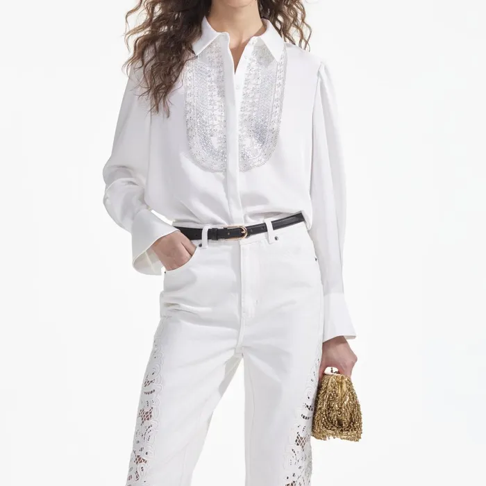 Tops Women Self Portrait White Satin Embellished Bib Blouse
