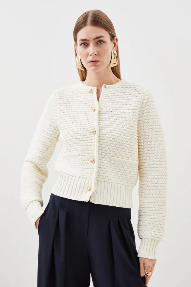 Tubular Cotton Chunky Knit Cardigan Ivory Women Karen Millen Knitwear