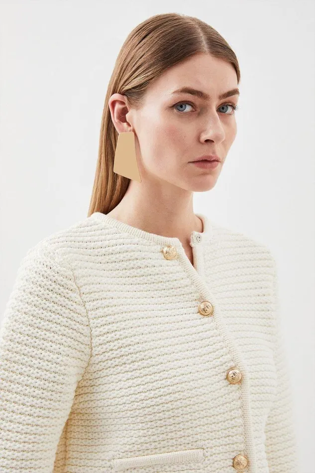 Tubular Cotton Chunky Knit Cardigan Ivory Women Karen Millen Knitwear