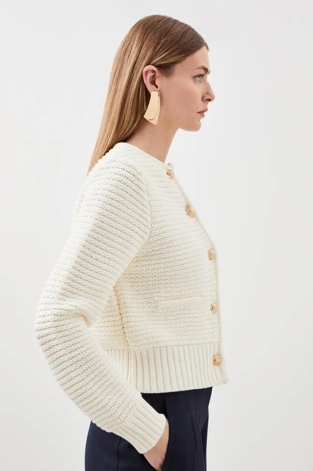 Tubular Cotton Chunky Knit Cardigan Ivory Women Karen Millen Knitwear