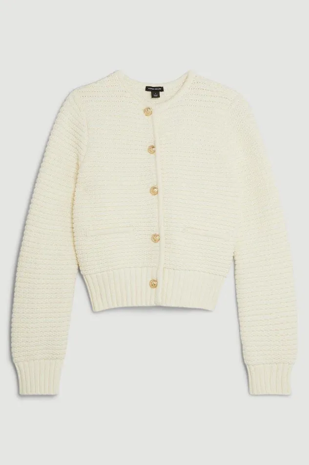 Tubular Cotton Chunky Knit Cardigan Ivory Women Karen Millen Knitwear