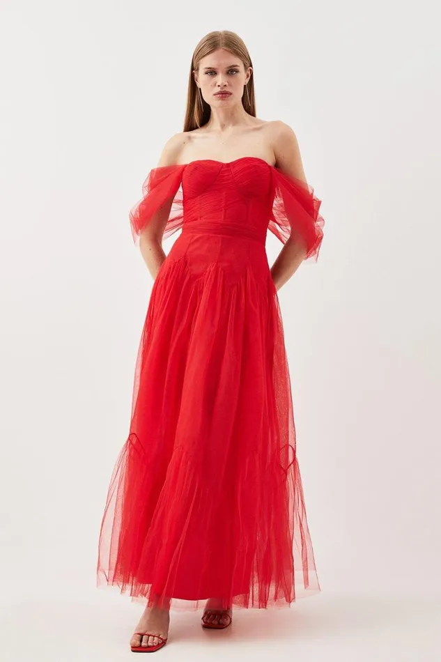 Tulle Corseted Woven Midi Dress Red Women Karen Millen Dresses