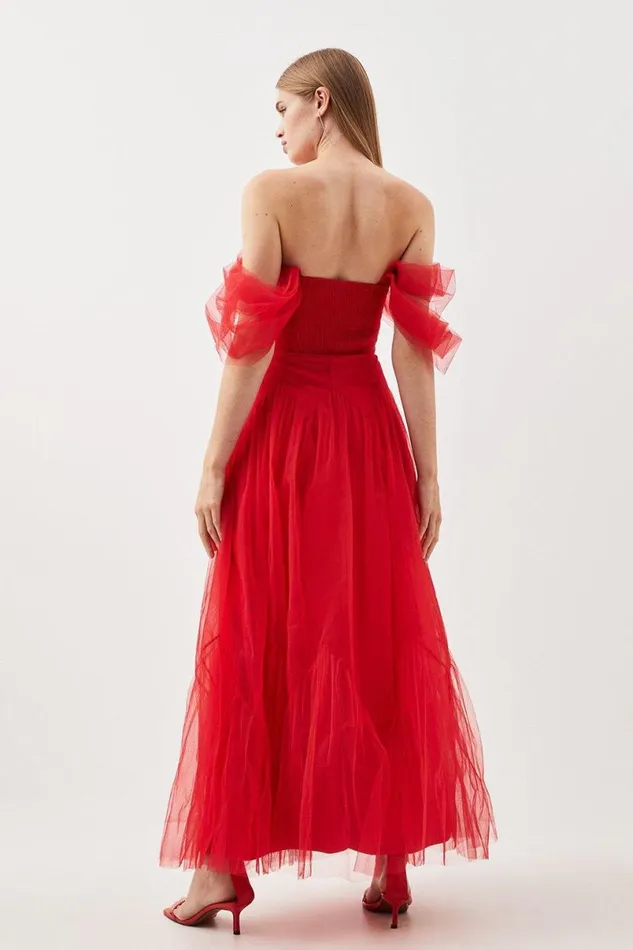 Tulle Corseted Woven Midi Dress Red Women Karen Millen Dresses
