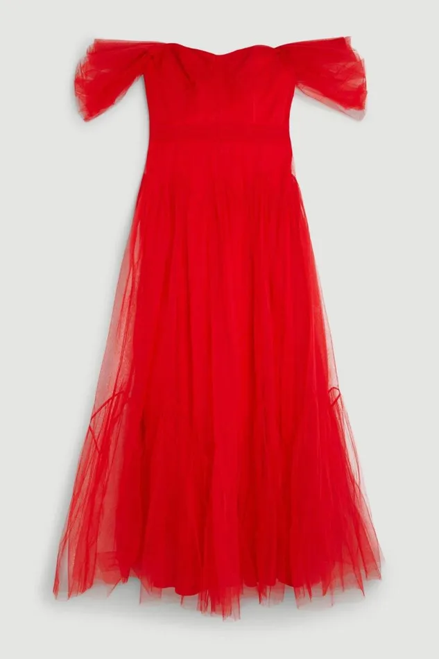 Tulle Corseted Woven Midi Dress Red Women Karen Millen Dresses