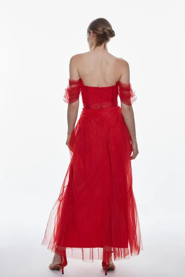Tulle Corseted Woven Midi Dress Red Women Karen Millen Dresses