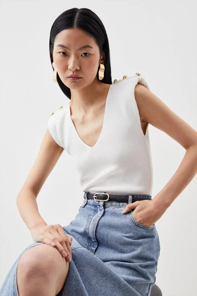V Neck Rib Knit Military Trim Top Women Karen Millen Tops
