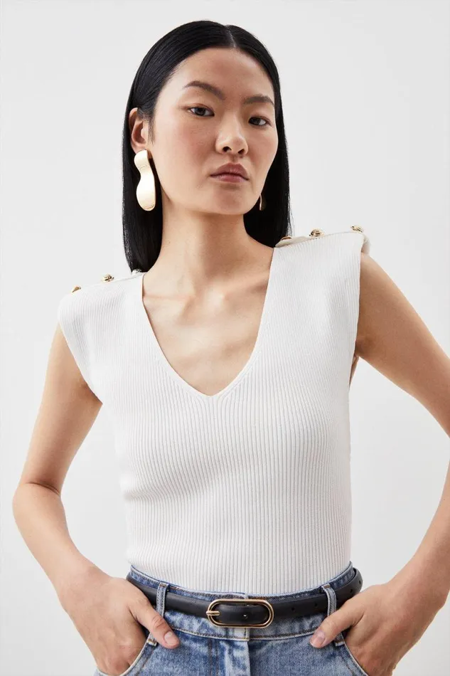 V Neck Rib Knit Military Trim Top Women Karen Millen Tops
