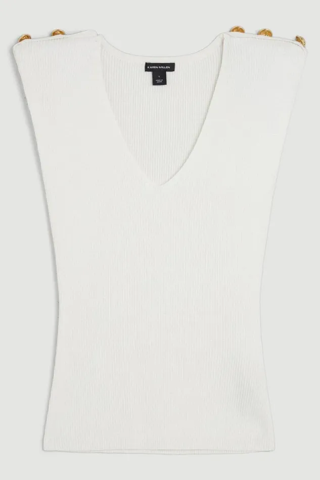 V Neck Rib Knit Military Trim Top Women Karen Millen Tops