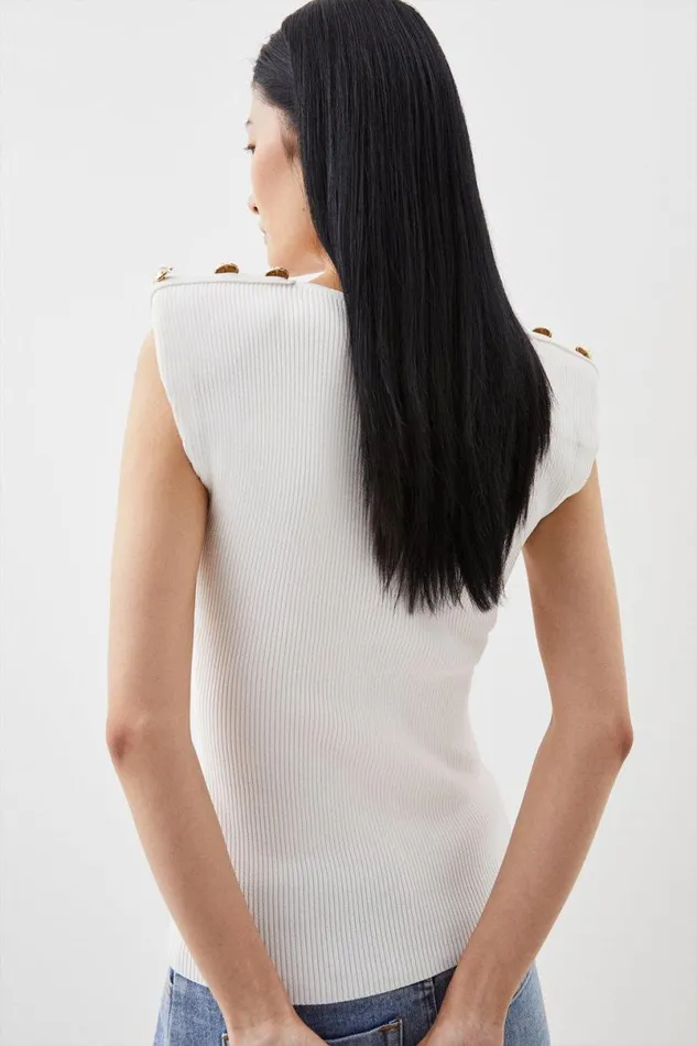 V Neck Rib Knit Military Trim Top Women Karen Millen Tops
